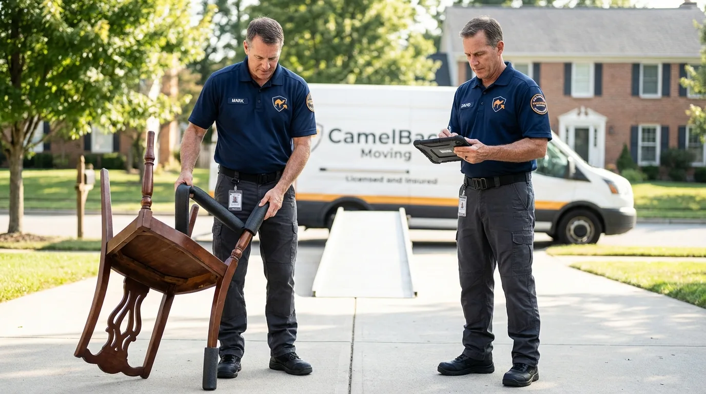 Movers inspecting furniture for damage prevention before loading in Neillsville, WI