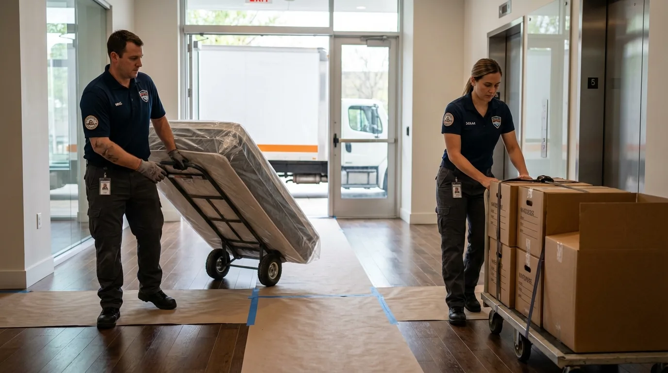 Professional apartment movers loading elevator in Neillsville, WI