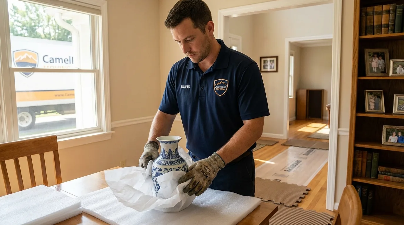Professional crew carefully wrapping antique vase for senior downsizing move in Neillsville, WI